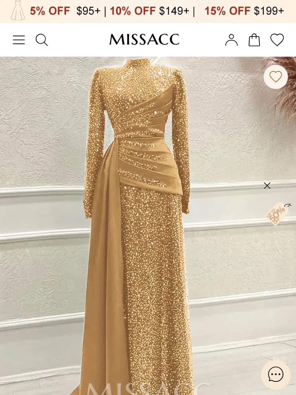 26W Gold Sequin Long-Sleeve Evening Gown